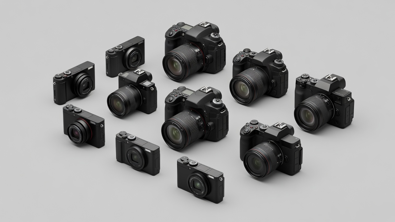 Generic compact, DSLR and mirrorless cameras arranged in a soft-lit three-dimensional studio illustration