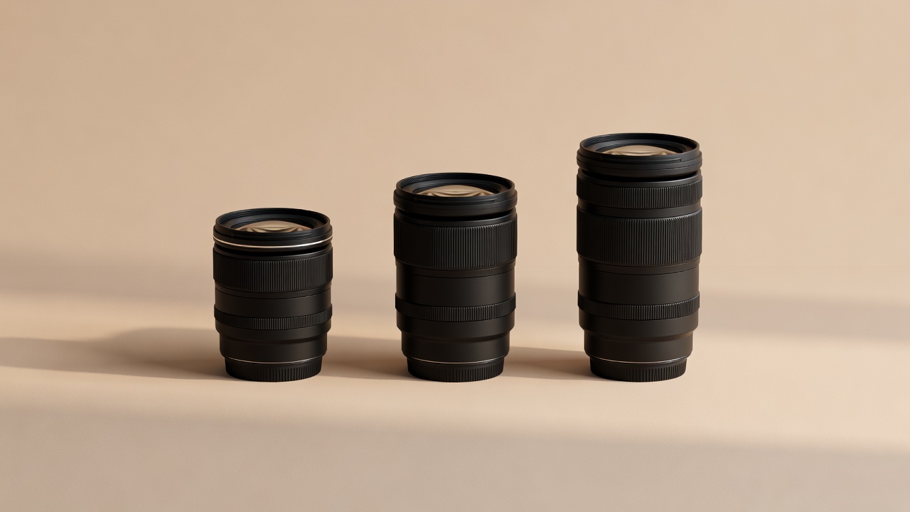 Three generic camera lenses of different lengths rendered on a plain warm surface with soft side lighting
