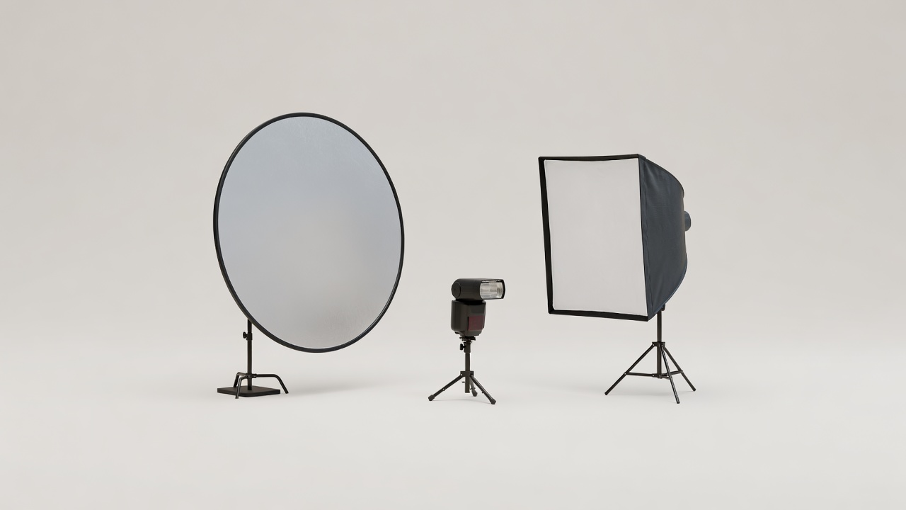 Soft-lit three-dimensional illustration of a circular reflector, generic flash and small studio softbox on a plain background