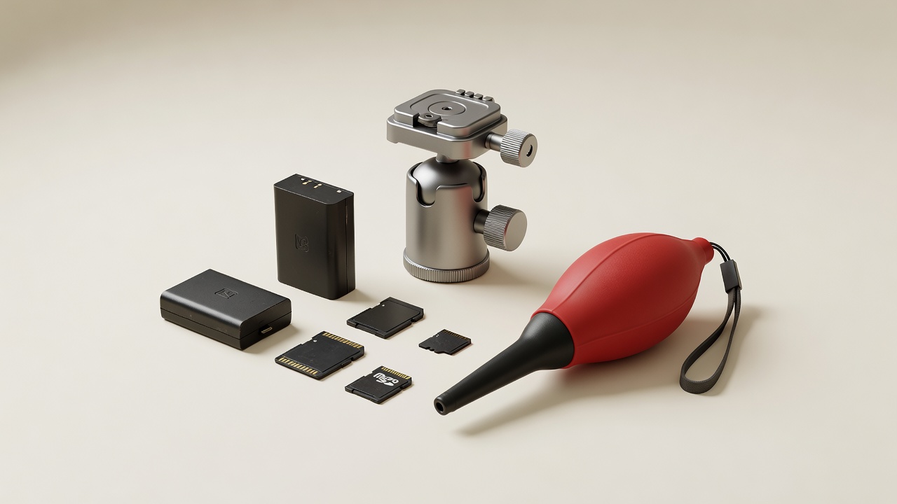 Generic tripod head, camera batteries, memory cards and hand blower rendered on a softly lit cream studio surface
